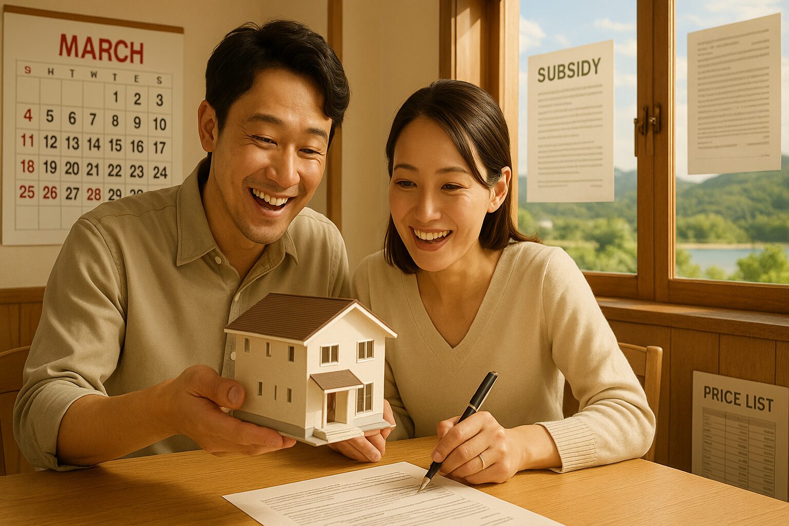 沖縄不動産オフィスで30代夫婦が値下げ模型を見て契約する喜びのシーン