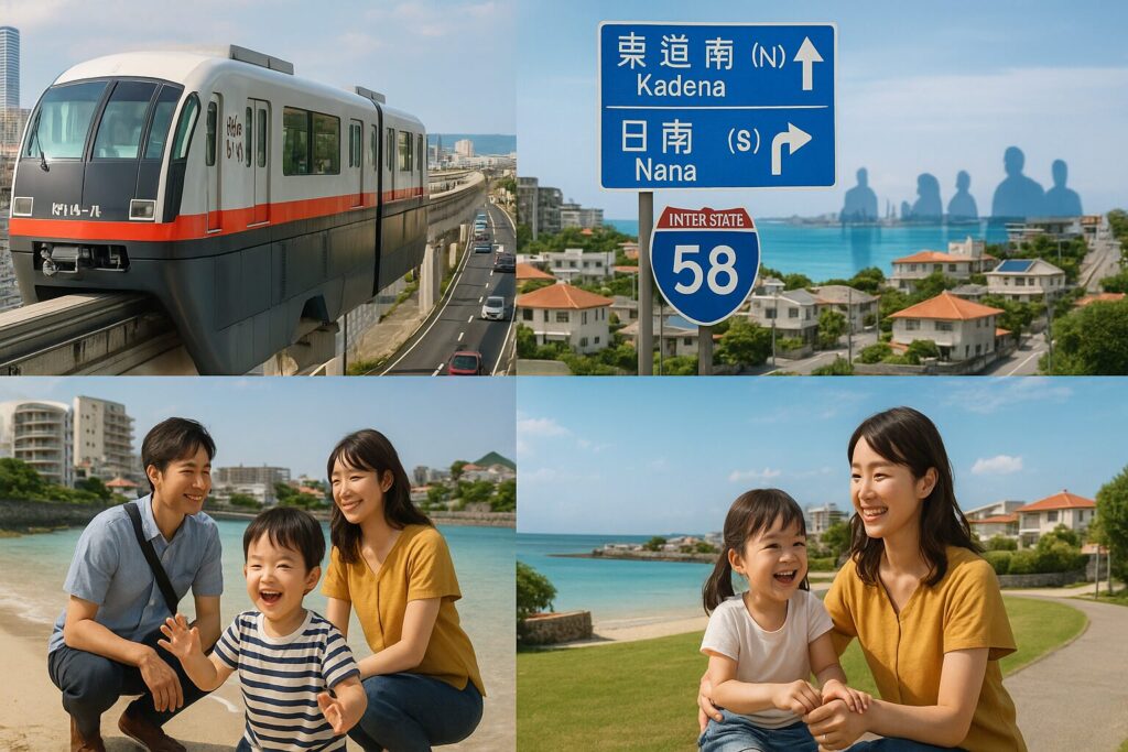 沖縄中南部の街並みで通勤と遊びを楽しむ30代夫婦と子供、インフラと自然のバランス  