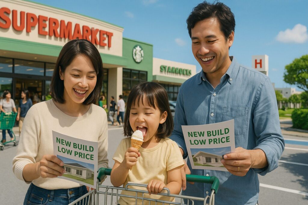 南城市の商業施設前で家族がショッピングを楽しむ住みやすさバランスの沖縄シーン