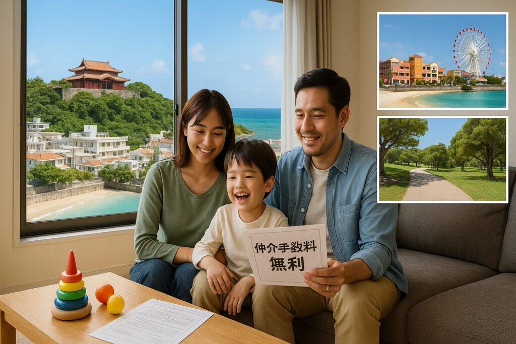 那覇市の新築住宅内でくつろぐ30代家族、窓からの首里城ビューと手数料無料書類  