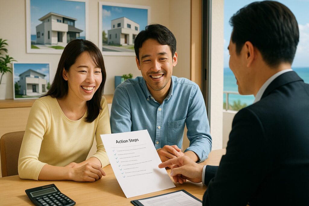 沖縄不動産事務所で行動ステップを相談する前向きな30代夫婦