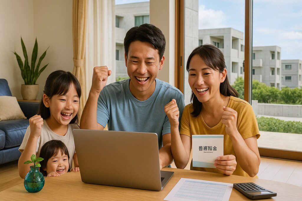 沖縄新築住宅内でローンシミュレーションに喜ぶ30代クライアント家族