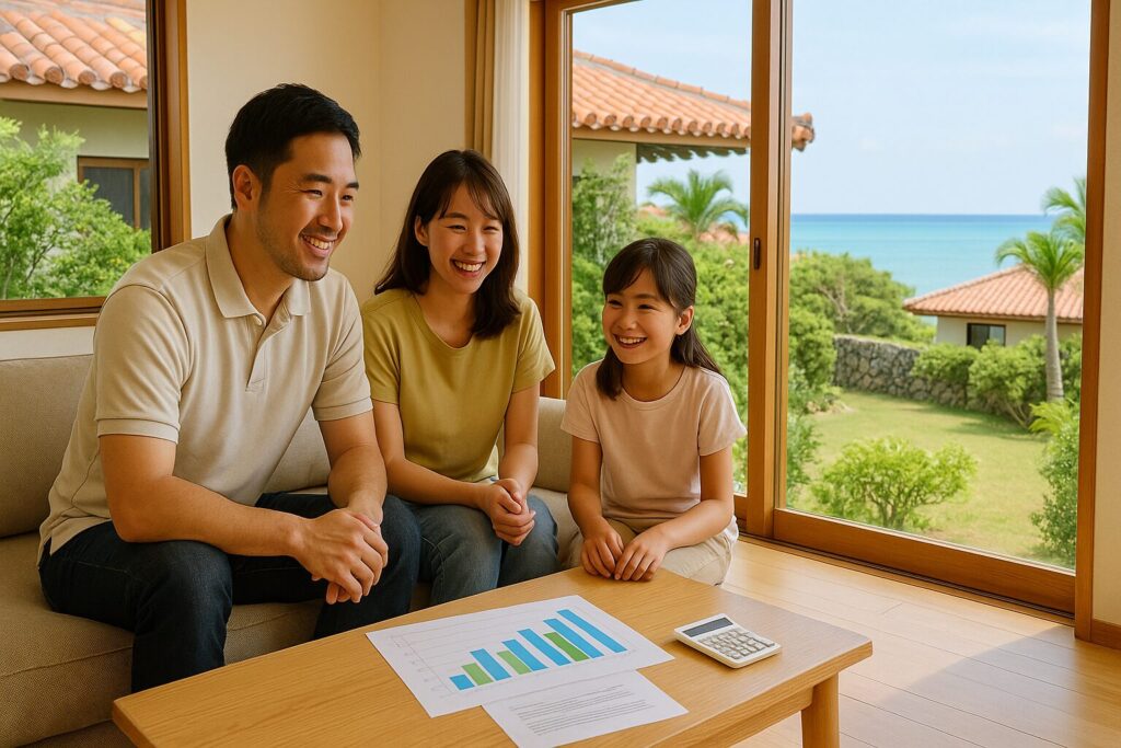 沖縄風新築住宅内で理想的なローン計画に笑顔の30代家族