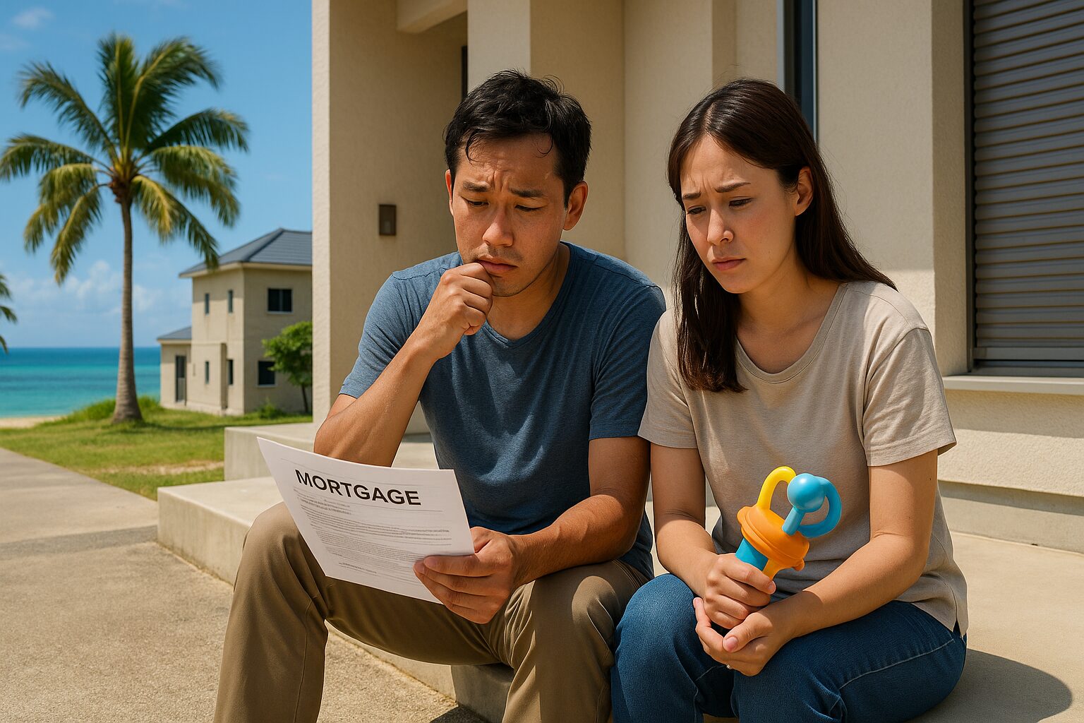 沖縄の新築建売住宅前で住宅ローンの不安を語り合う30代夫婦のリアルなシーン