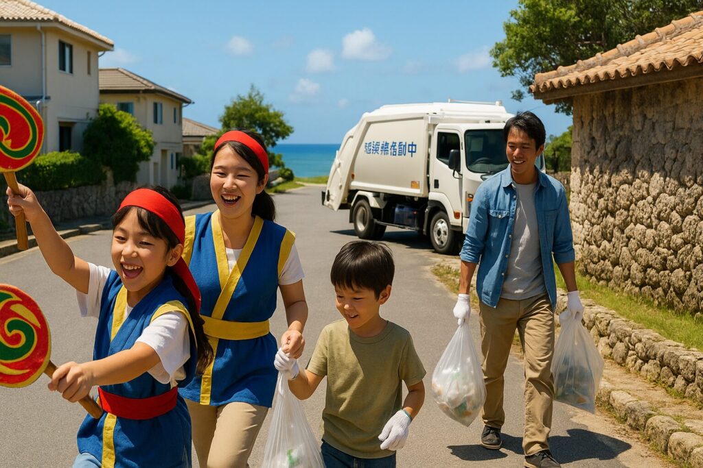 沖縄自治会イベントでエイサーとゴミ拾いをする30代家族、トラブルを示唆する収集車と石垣の住宅街。