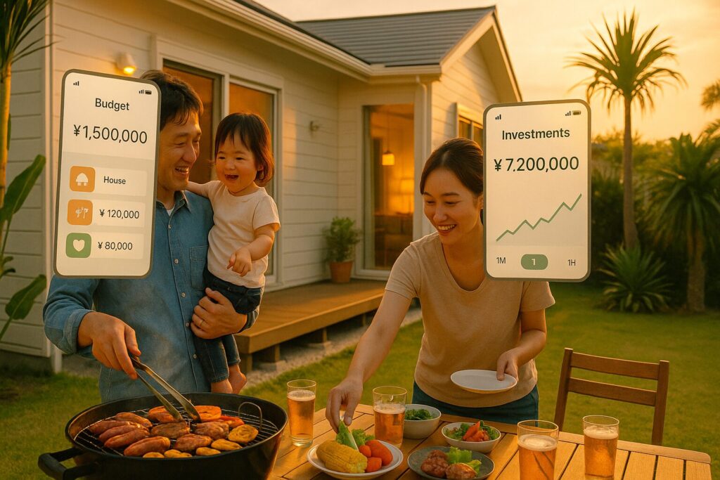 沖縄の新築家庭で家族がBBQを楽しむFIRE達成の結論イメージ