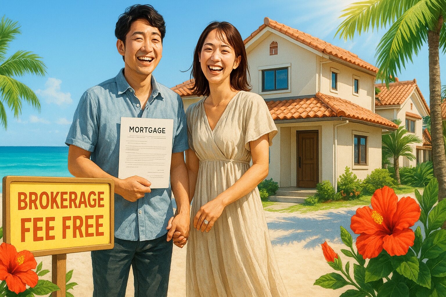 沖縄の海を背景にした新築建売住宅前で笑顔の30代夫婦と無料手数料看板