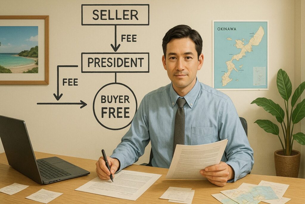 沖縄オフィスで手数料無料の仕組みを説明する社長のリアルシーン