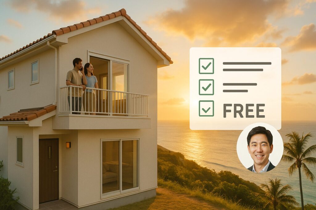 海を見下ろす沖縄新築住宅のバルコニーで問い合わせする30代カップル