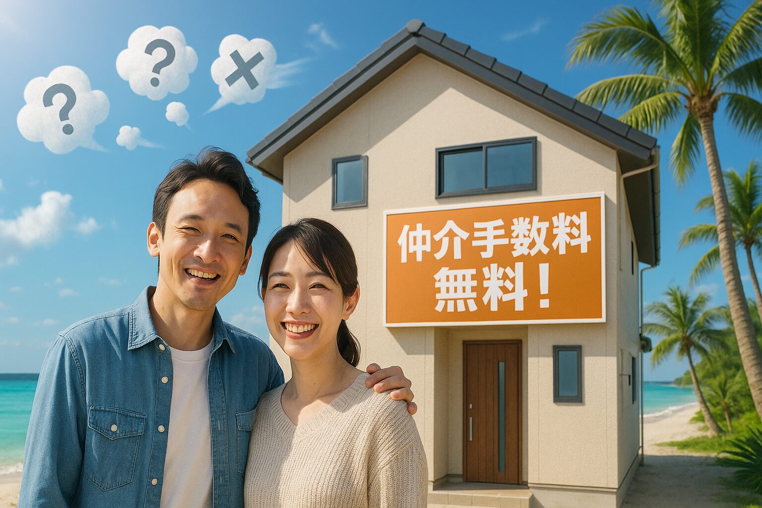 沖縄の海を背景に仲介手数料無料の新築建売住宅前で笑顔の30代夫婦とデメリット噂を吹き飛ばすイメージ
