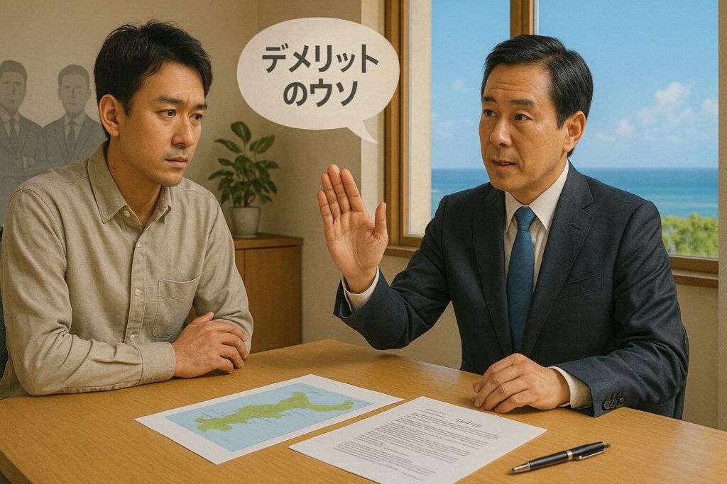 沖縄不動産オフィスで無料仲介社長がデメリットの嘘を否定する相談風景