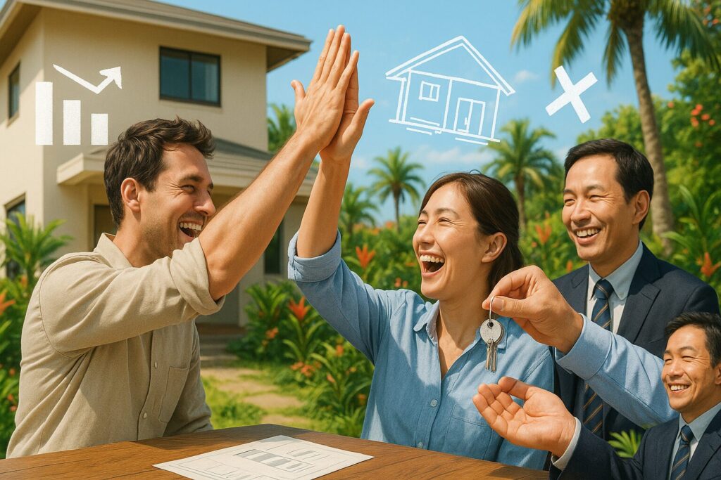 沖縄新築建売住宅のリビングで手数料ゼロの書類と満足した30代家族の温かいシーン