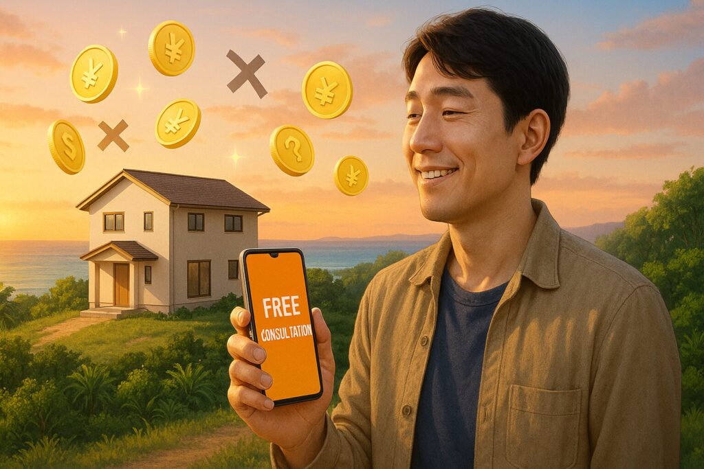 沖縄の丘で新築建売を眺め無料相談のスマホを持つ30代の賢い微笑みと節約のイメージ