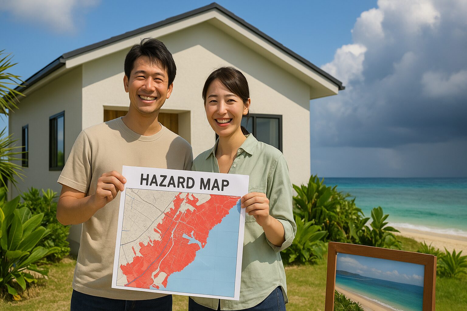 沖縄の海を背景に30代夫婦がハザードマップで不動産購入を相談するイメージ