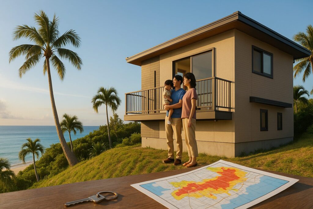 高台の新築建売で家族が安心して海を眺める沖縄ハザードマップ活用イメージ
