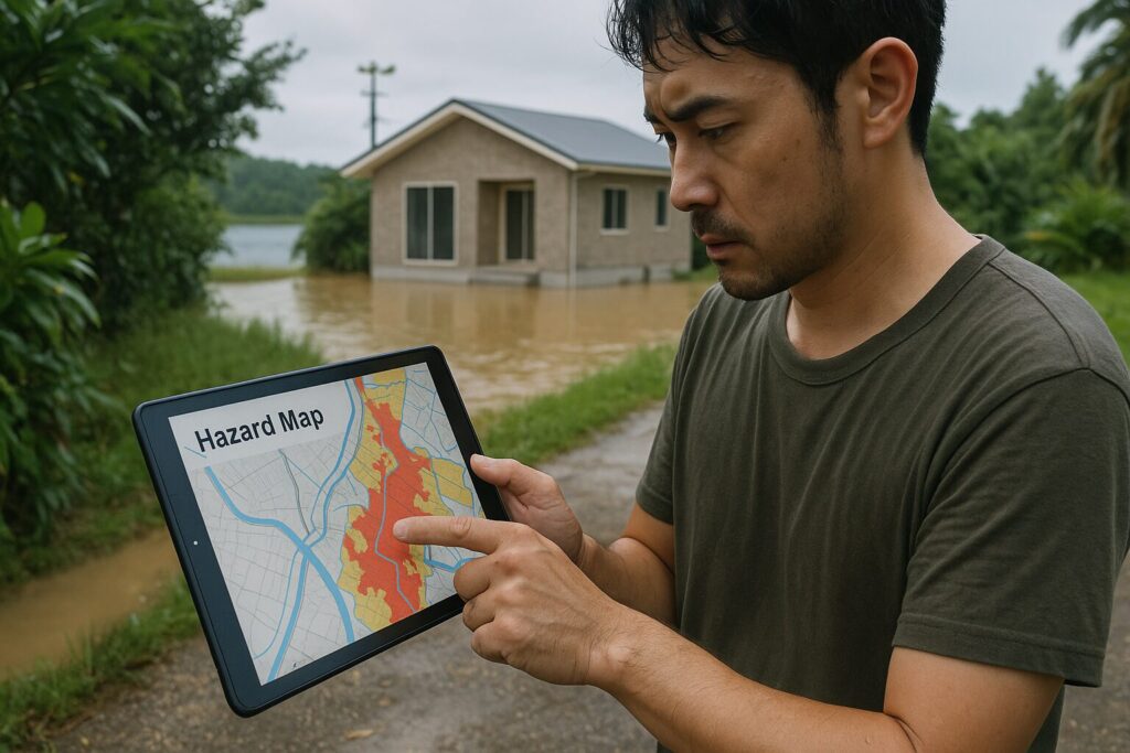 豪雨後の低地で男性がハザードマップをチェックする沖縄床上浸水リスクイメージ