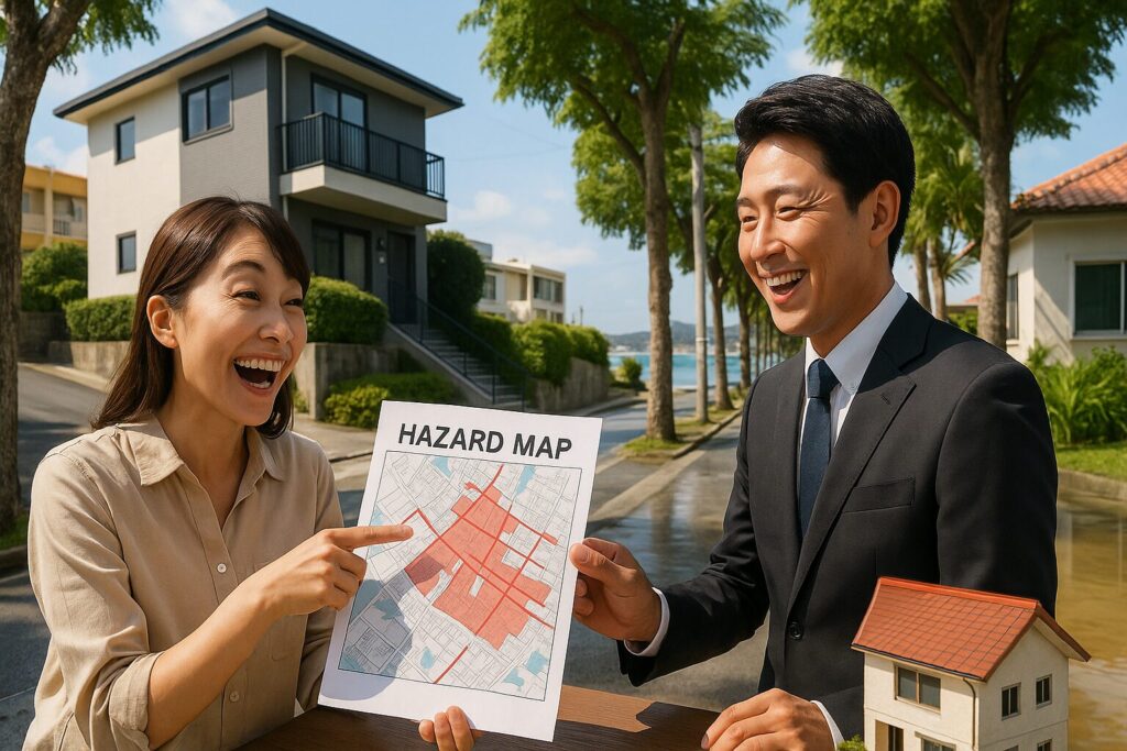 那覇市で女性が不動産担当とハザードマップで成功物件を喜ぶ沖縄具体例イメージ