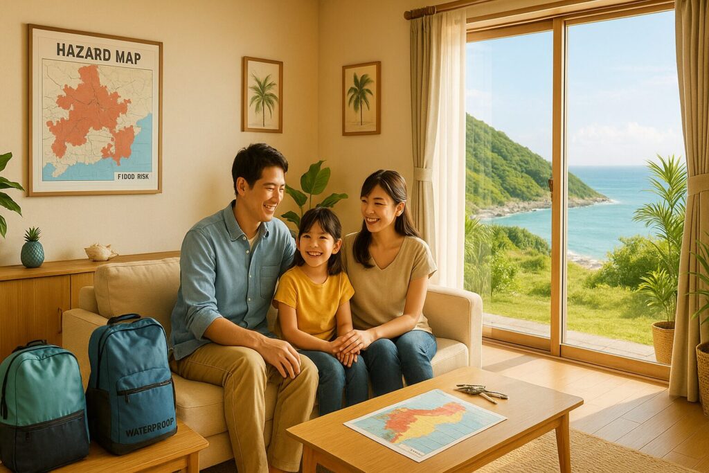 新築室内で家族がハザードマップを活用し安全な沖縄生活を楽しむまとめイメージ