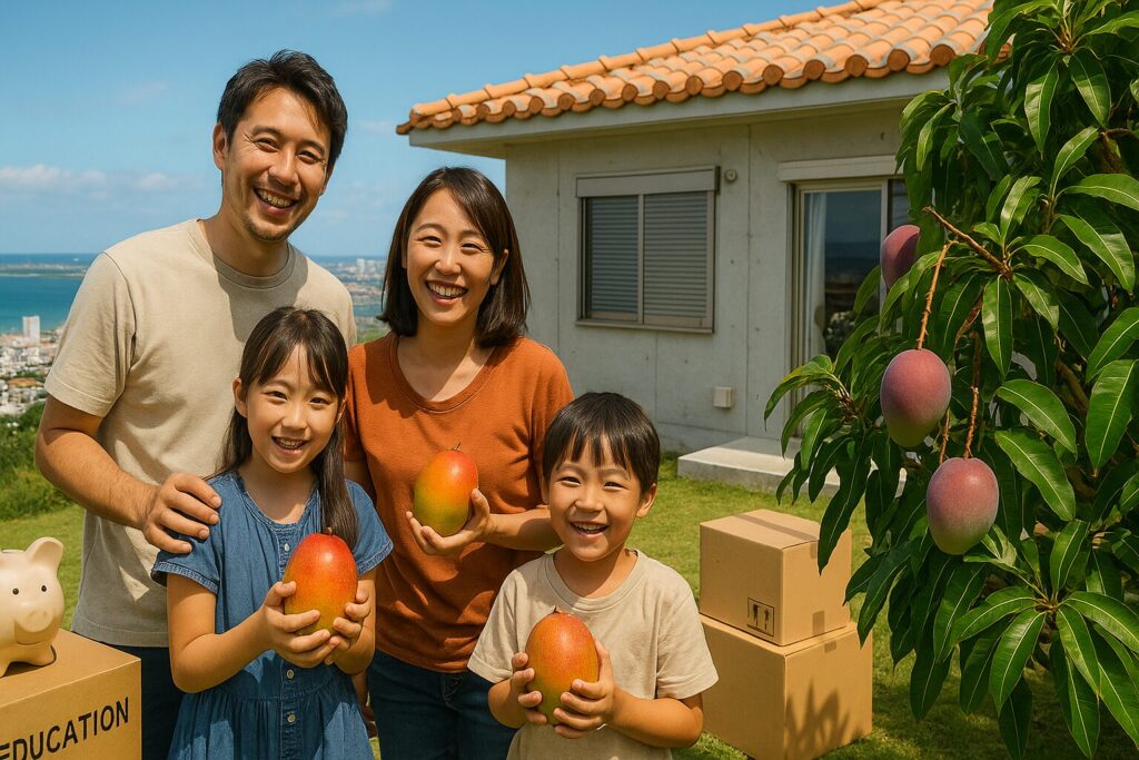 沖縄移住家族が建売住宅の庭でマンゴーを収穫するケーススタディ