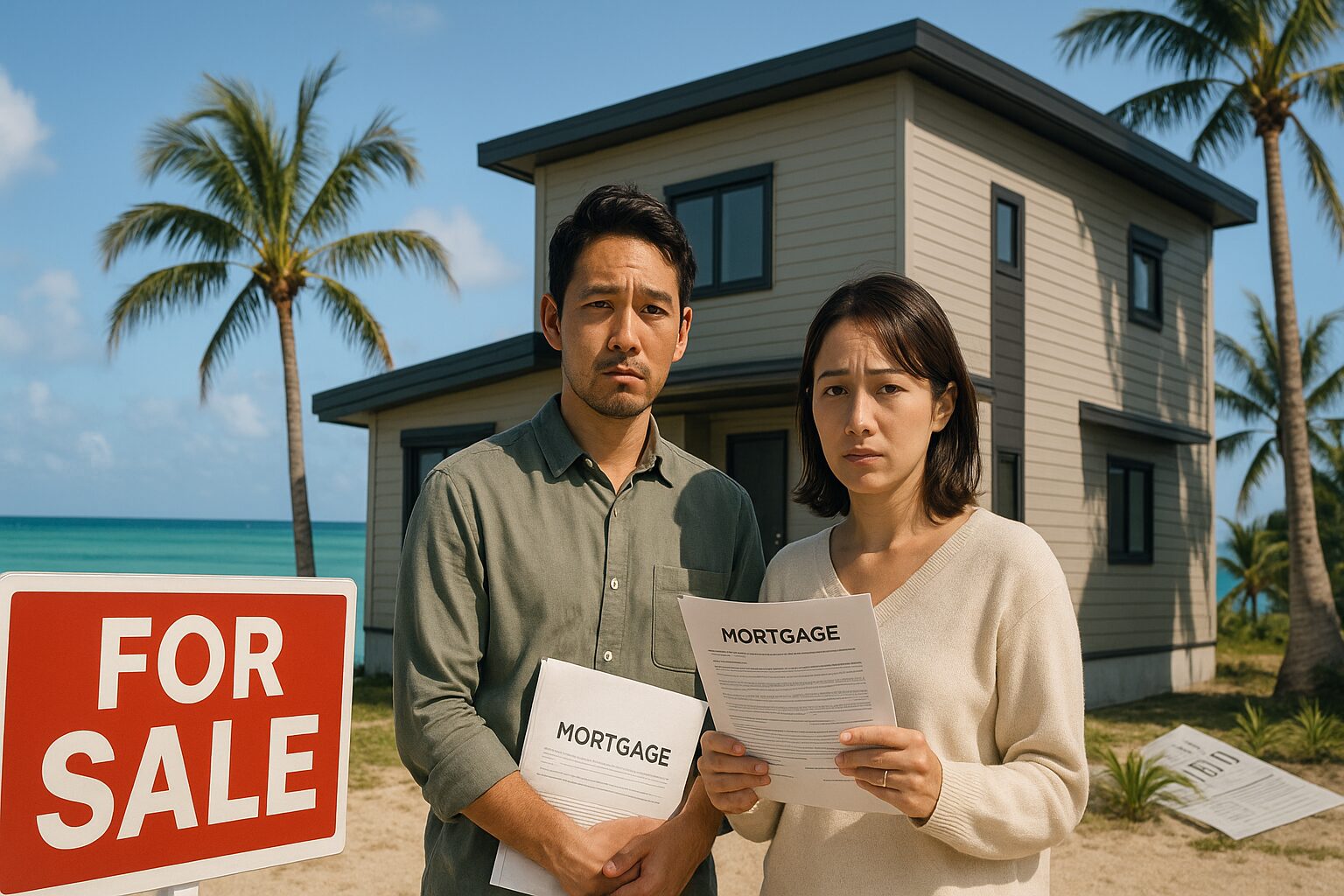 沖縄のビーチ沿いの新築建売住宅前で住宅ローン書類を持つ30代夫婦の不安げな様子、青い海とヤシの木の背景