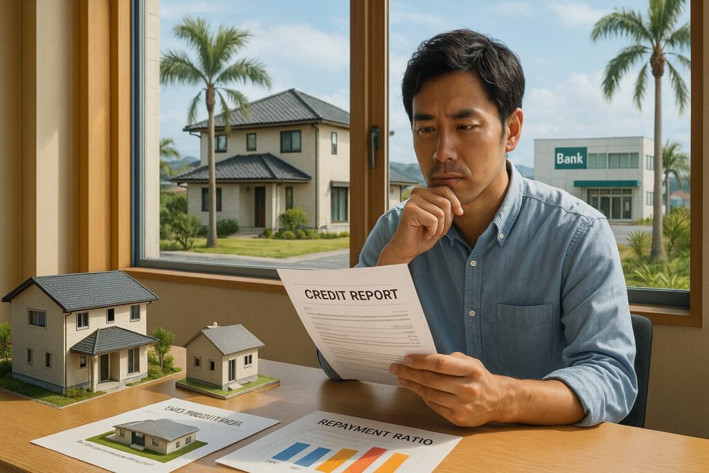 デスクで信用情報をチェックする30代男性、沖縄の台風後風景と地元銀行の背景