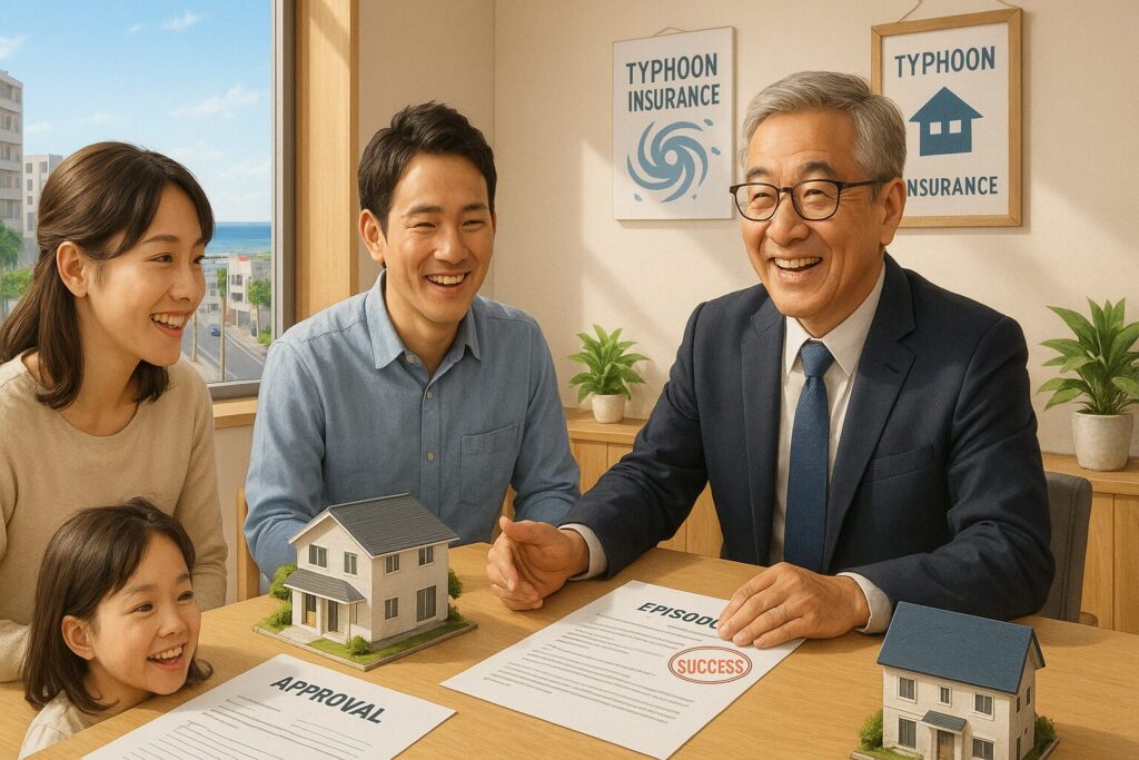 沖縄不動産屋で相談する30代夫婦と社長、成功スタンプと新築模型の具体例シーン