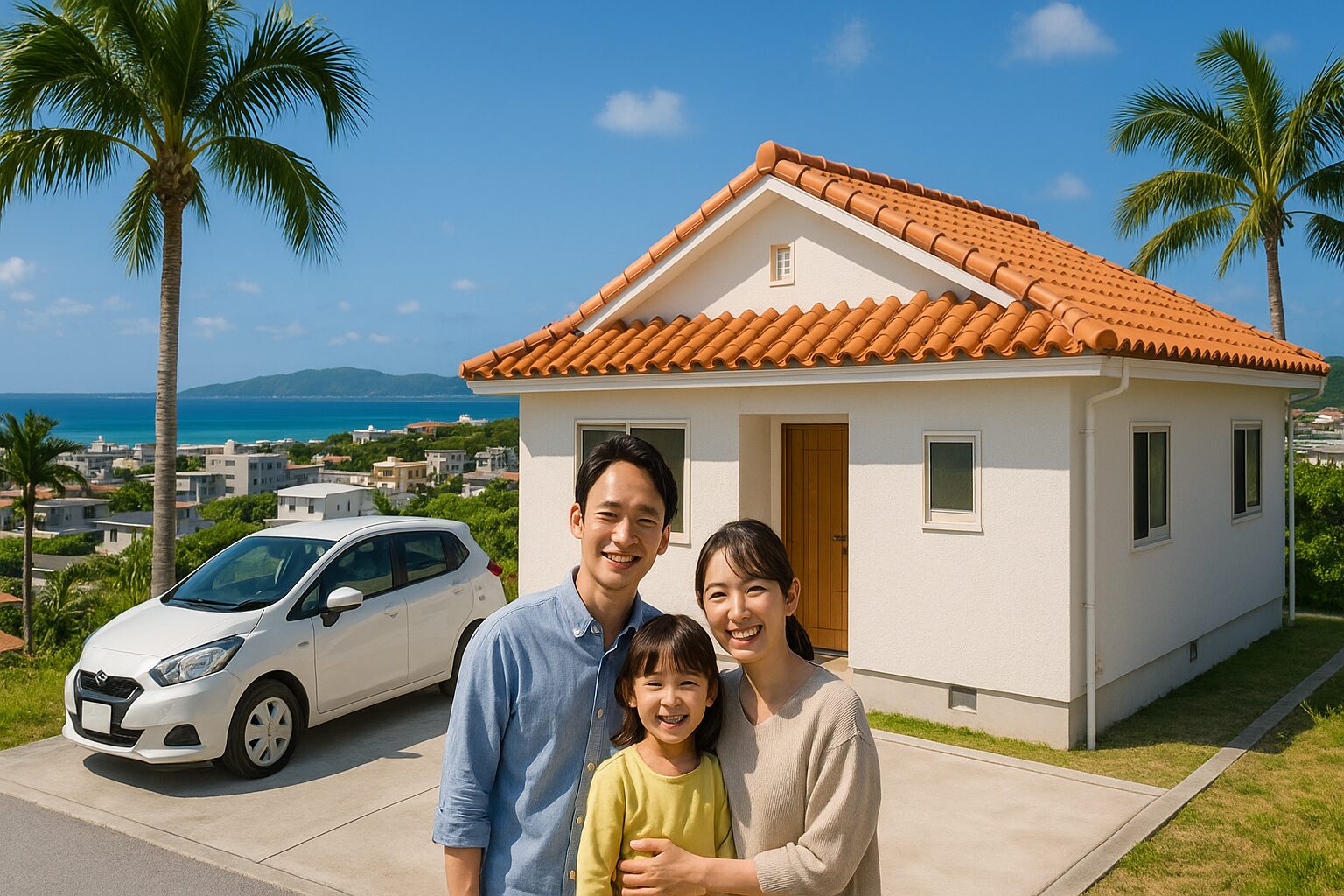 沖縄南部郊外の新築建売住宅街と家族のイメージ、糸満市、南城市、八重瀬町の風景を背景に。