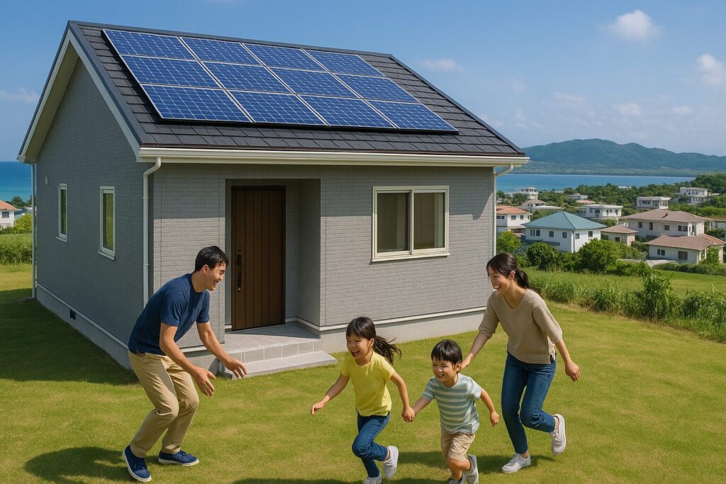 沖縄南部郊外新築建売の結論イメージ、自然豊かな家族向け物件と子育てシーン。