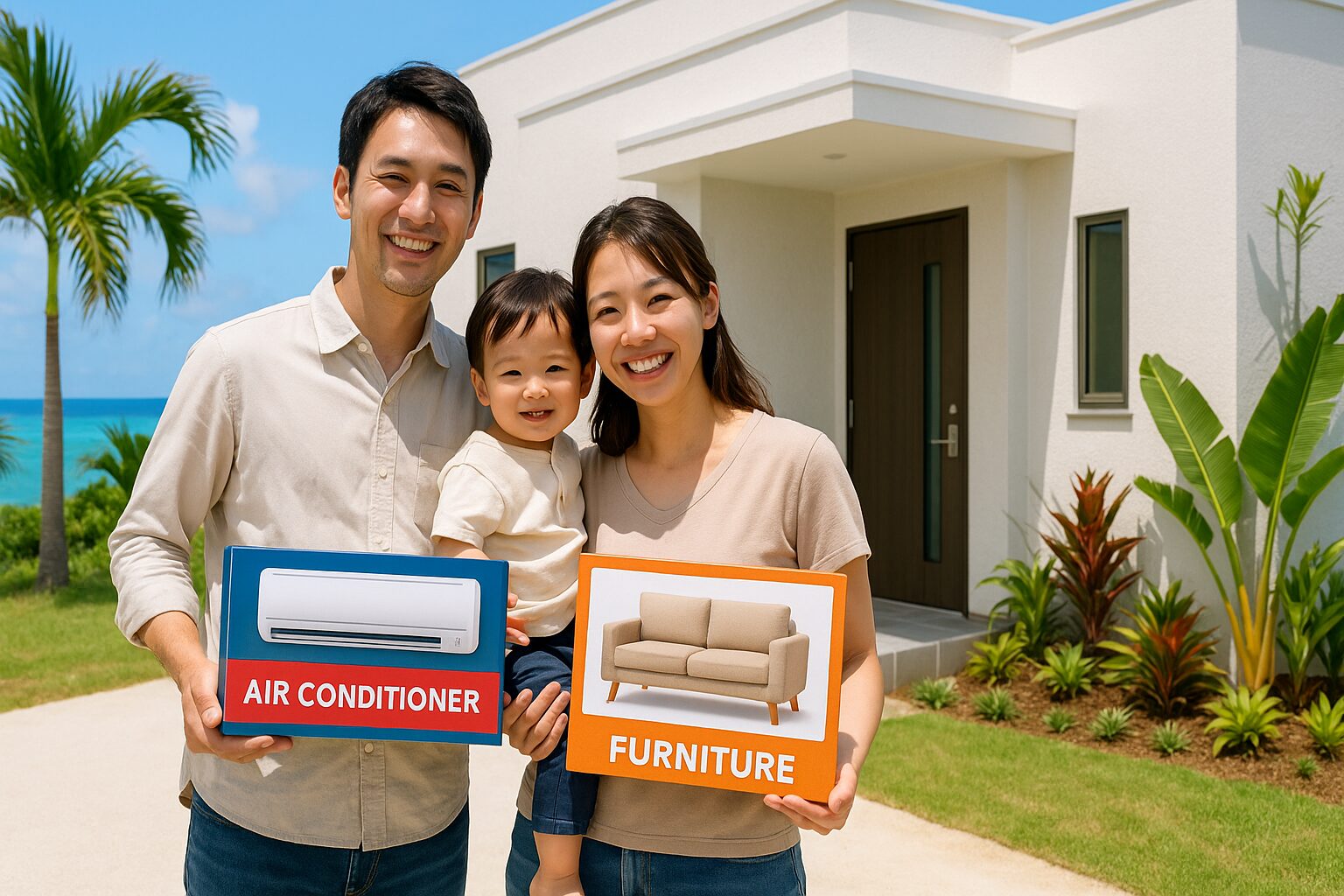 沖縄の新築建売住宅の前で家族がエアコン家具プレゼントを抱える幸せなシーン