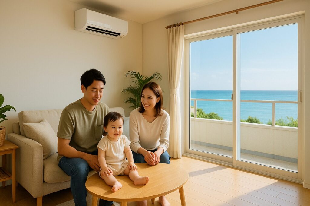 沖縄新築住宅のリビングでプレゼントの家具家電を楽しむ家族の様子