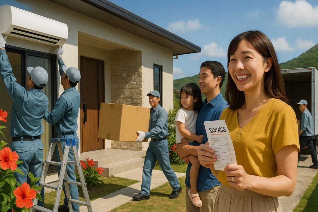 沖縄新築住宅外観で家具搬入を見守る女性と家族のエピソード風画像