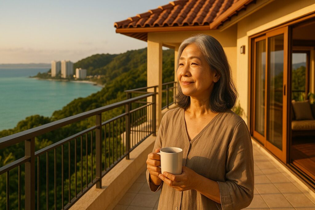 沖縄リゾート自宅バルコニーで海を眺める60代女性、高値売却の満足感を表現した穏やかなシーン。