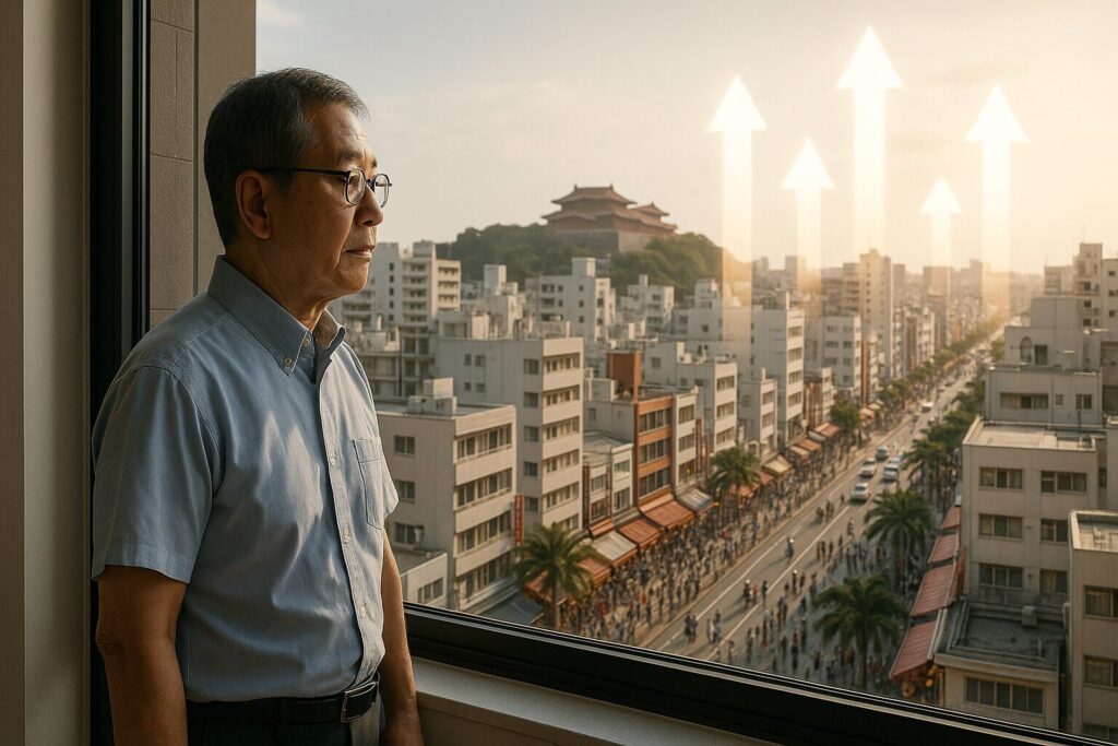 那覇市のマンション窓辺から街を眺める60代男性、観光ブームによる価値上昇を象徴する都市風景。