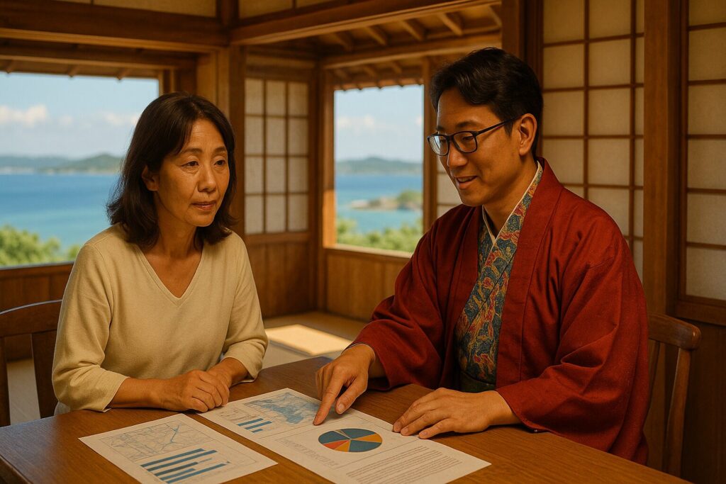 不動産専門家と相談する50代女性、沖縄の家屋内で市場動向を議論する信頼感のある室内シーン。