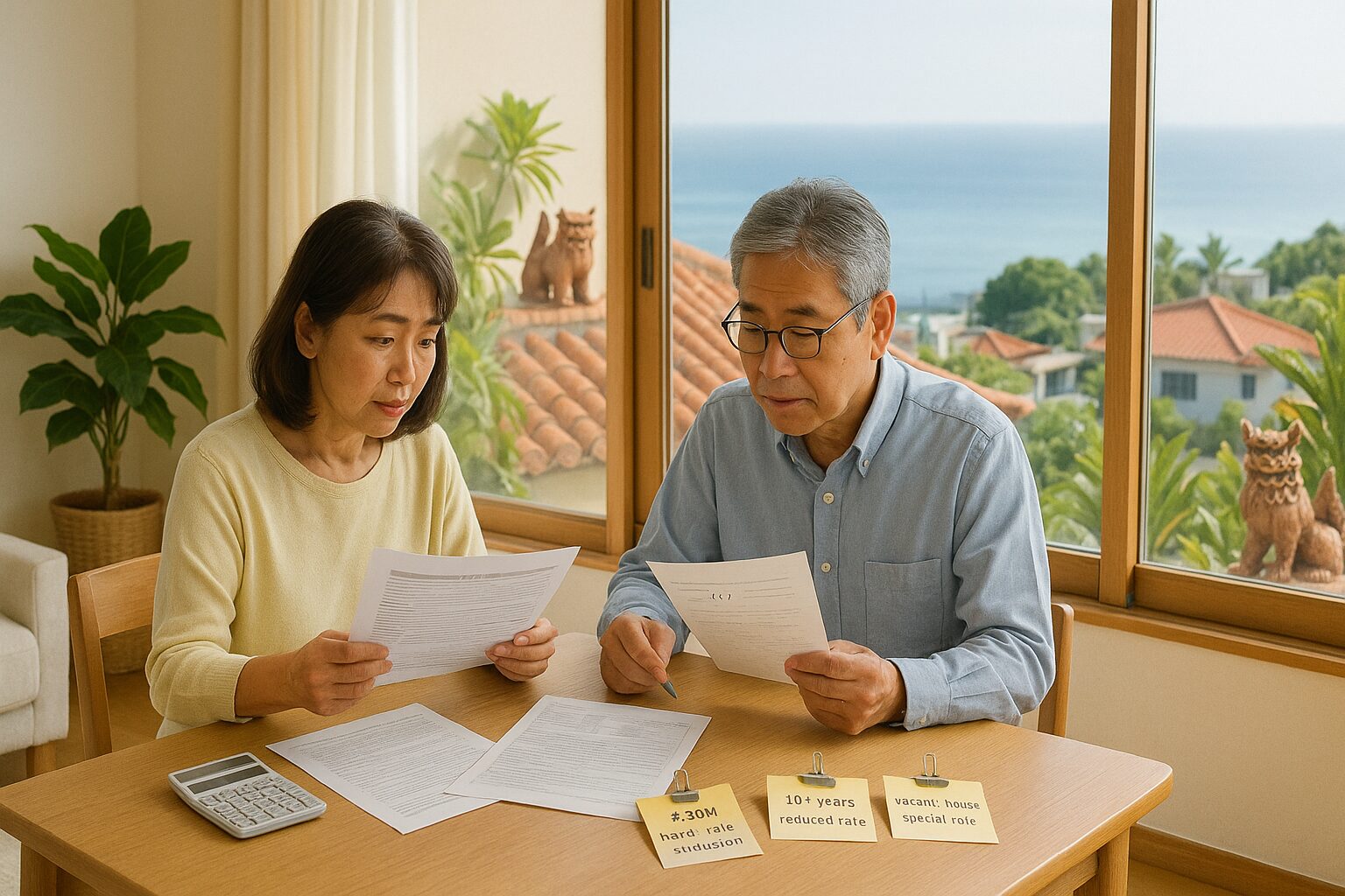 那覇の海が見えるリビングで50～60代夫婦が売却税金の資料と電卓を見比べるリアル写真