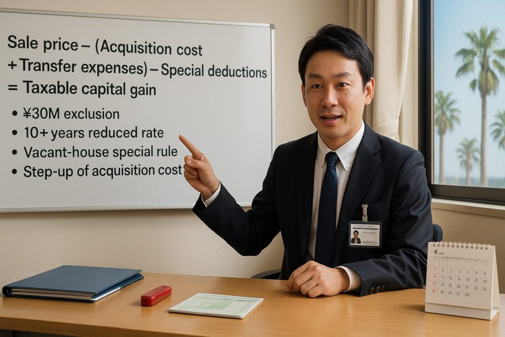 アドバイザーがホワイトボードの計算式を指し示し特例の要点を説明する相談室のリアル写真