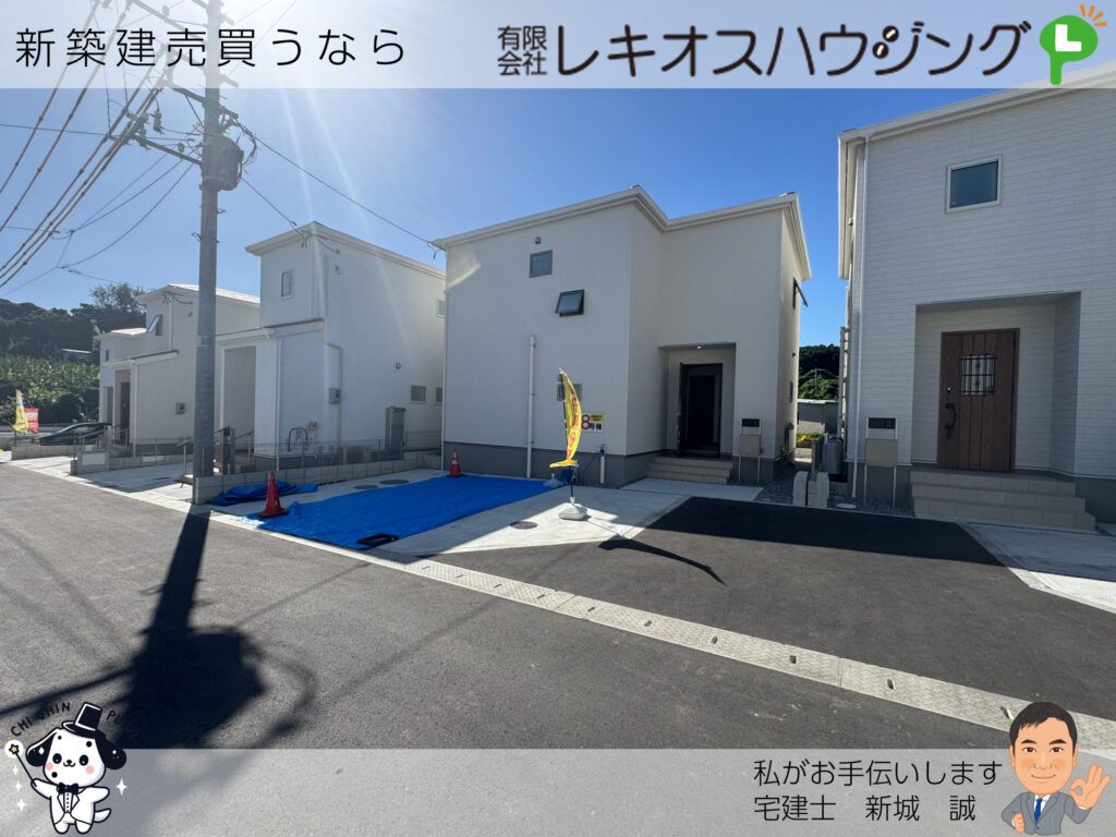 白い外壁の新築住宅が並ぶ分譲地と前面道路