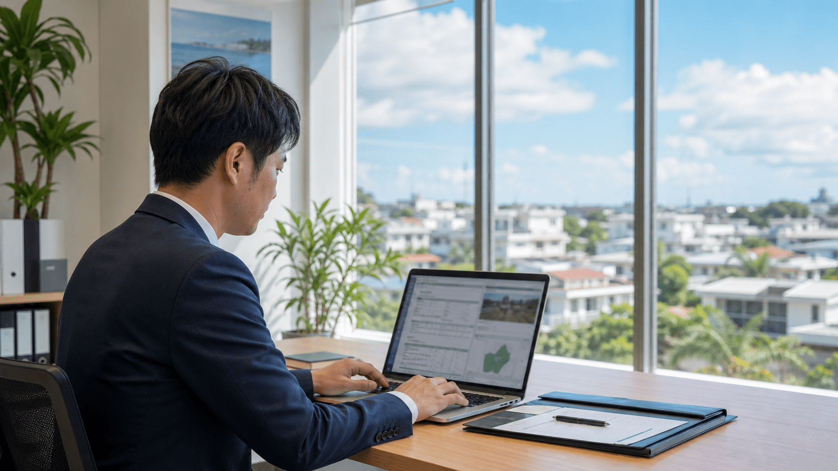 ノートパソコンで物件データを確認するスーツ姿のスタッフ。窓の外には沖縄の住宅街と青い空