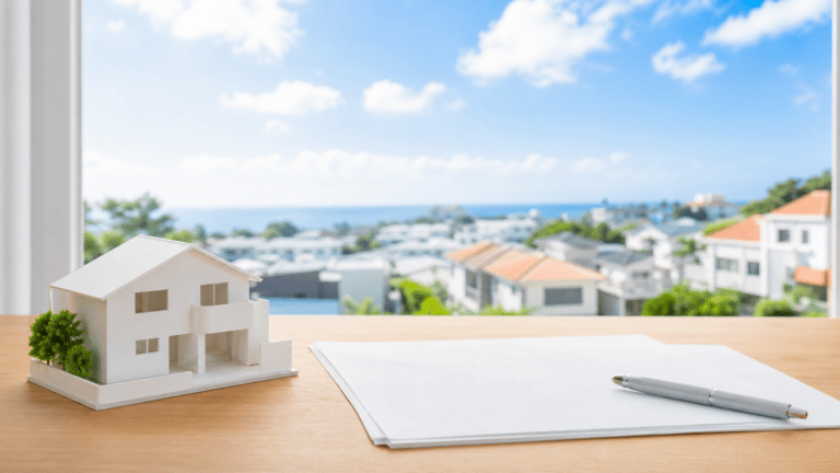 机に置かれた住宅模型と白紙の書類、窓の外に広がる住宅街と海