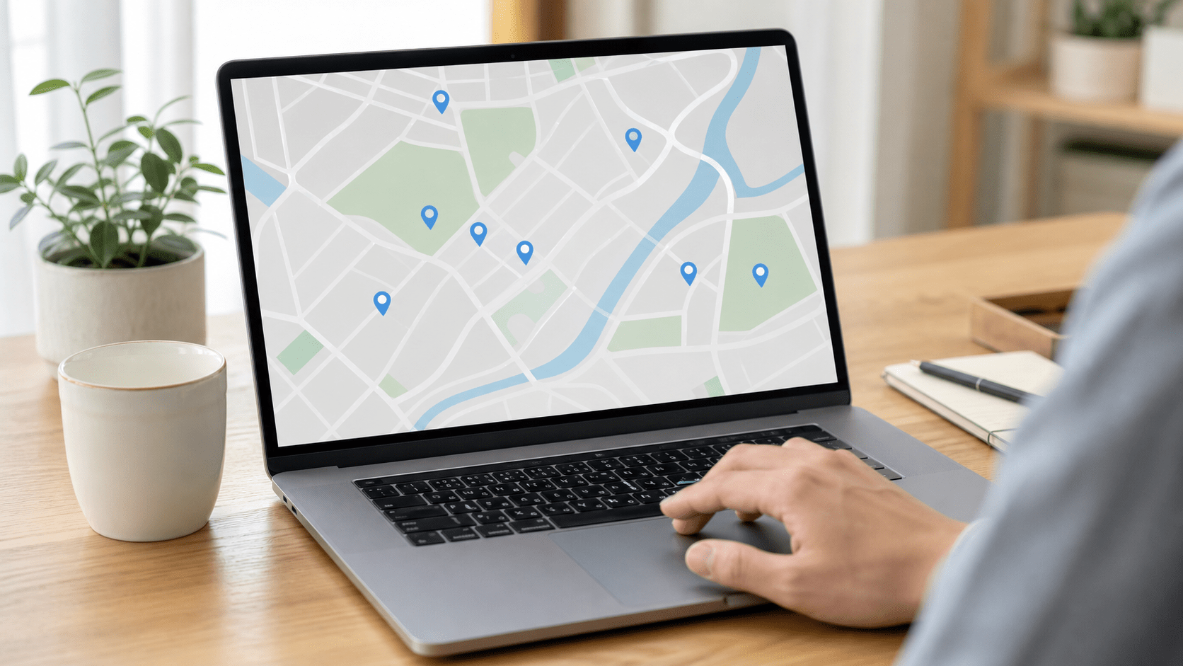 ノートパソコンの画面に表示された地図と複数のピン。エリアの取引情報を調べるイメージ