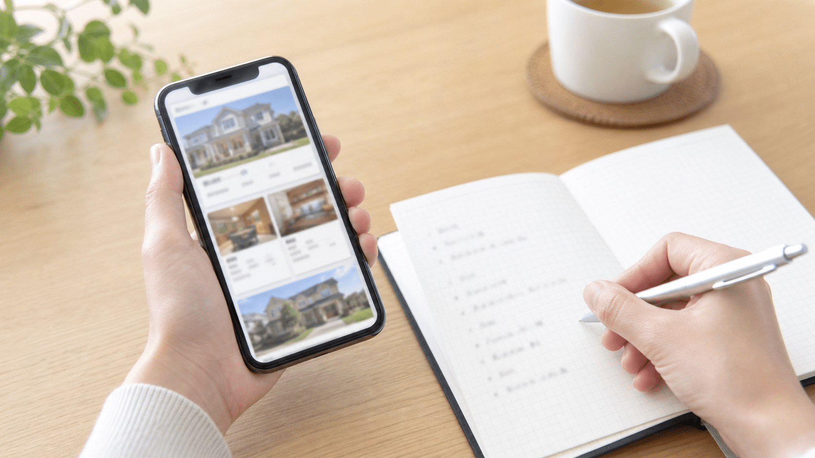 スマートフォンで住宅情報を見ながらノートにメモを取る手元