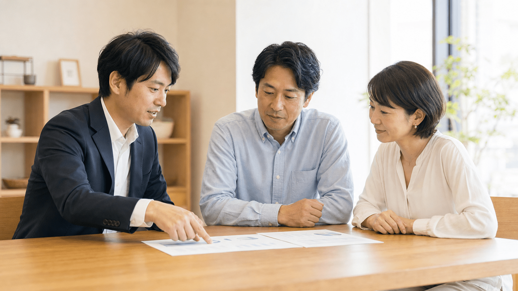 担当者が資料を指し示しながら夫婦に説明している打ち合わせの様子