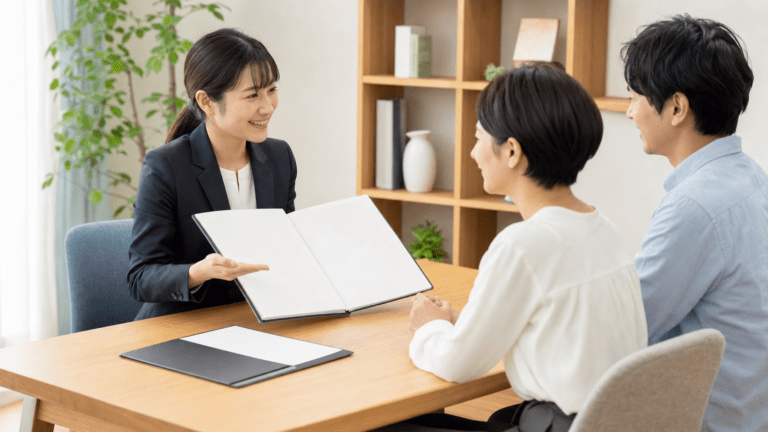 女性スタッフが夫婦に資料を広げて説明する相談の様子