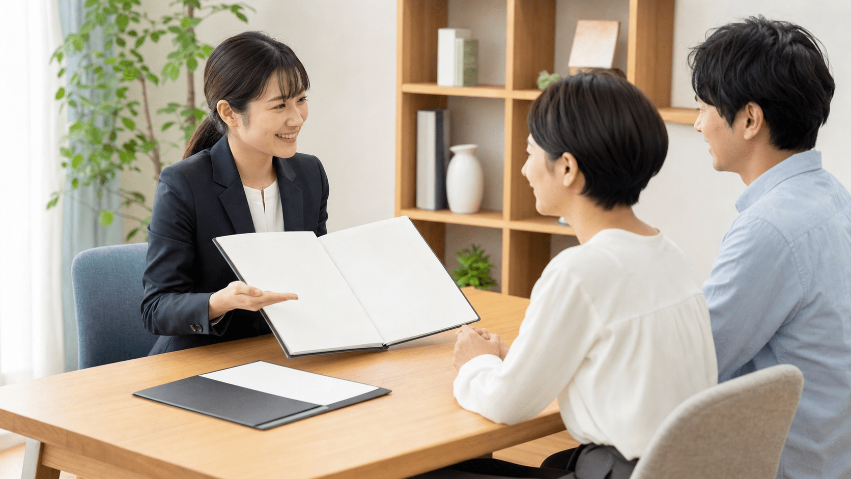 スタッフが夫婦に資料を見せながら売却相談に応じている様子