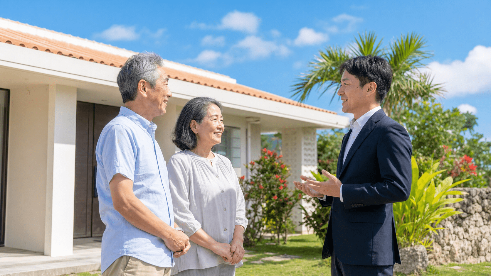 自宅前で担当者と話す売主夫婦