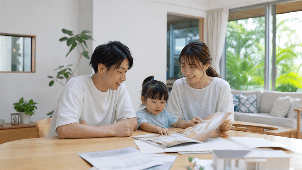 パンフレットを広げて家族で話し合う様子