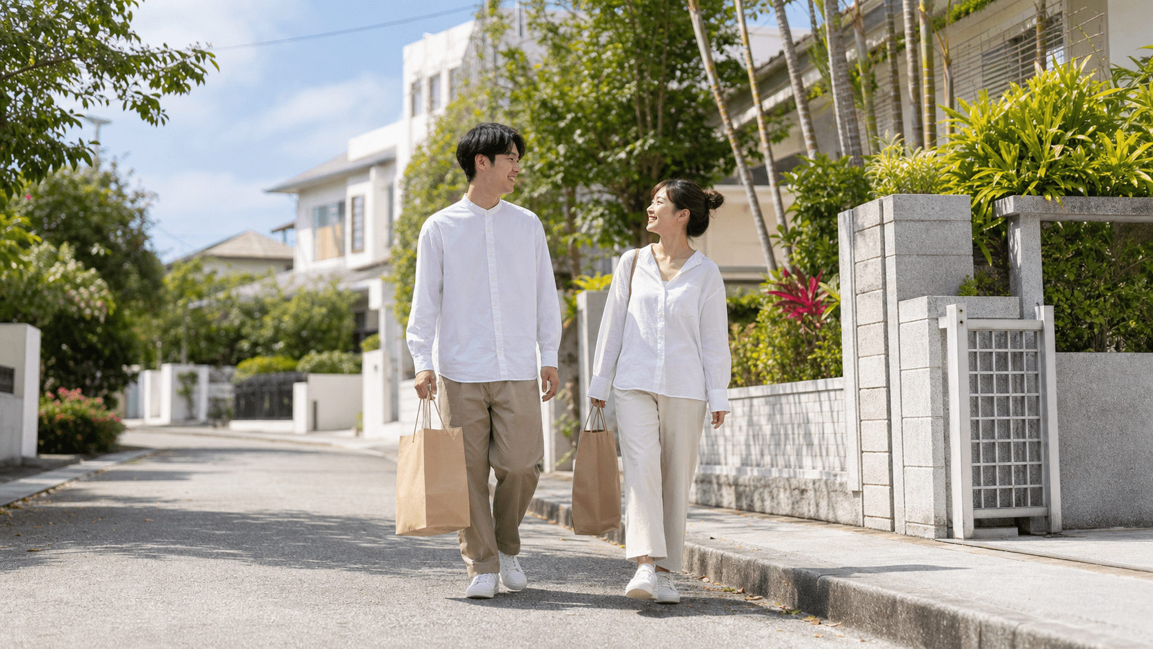 買い物袋を持って住宅街を歩く夫婦