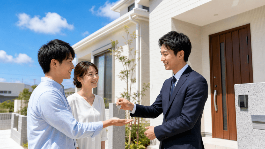 新築建売住宅の前で鍵を受け取る夫婦。沖縄の青空