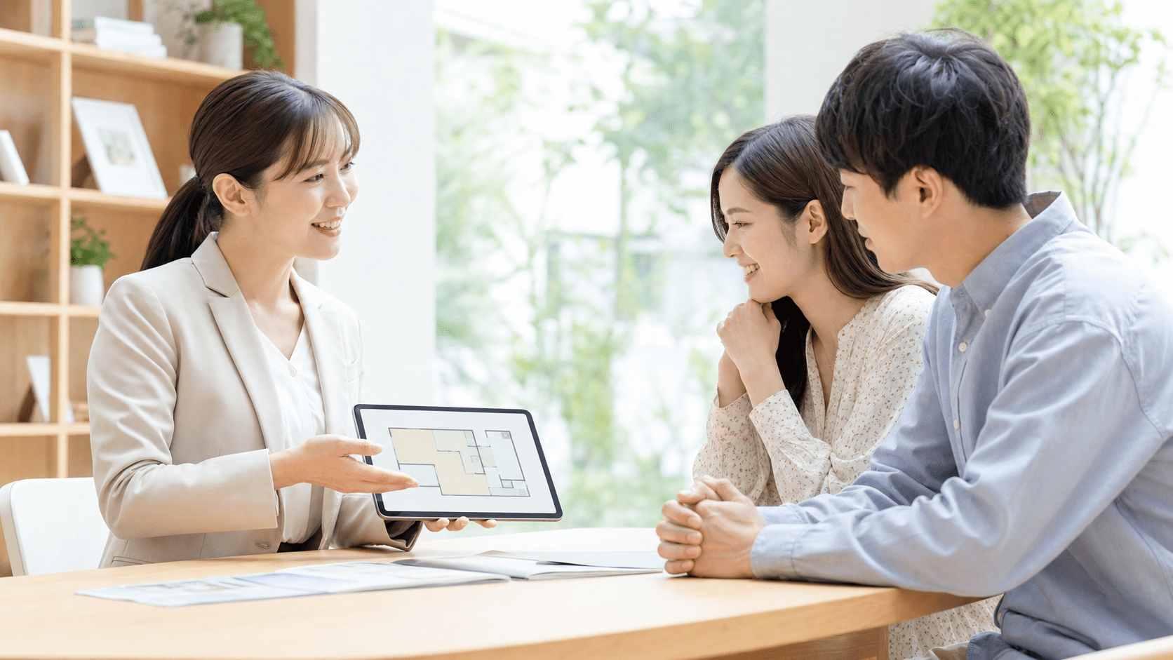 スタッフが夫婦の質問に答えている相談風景