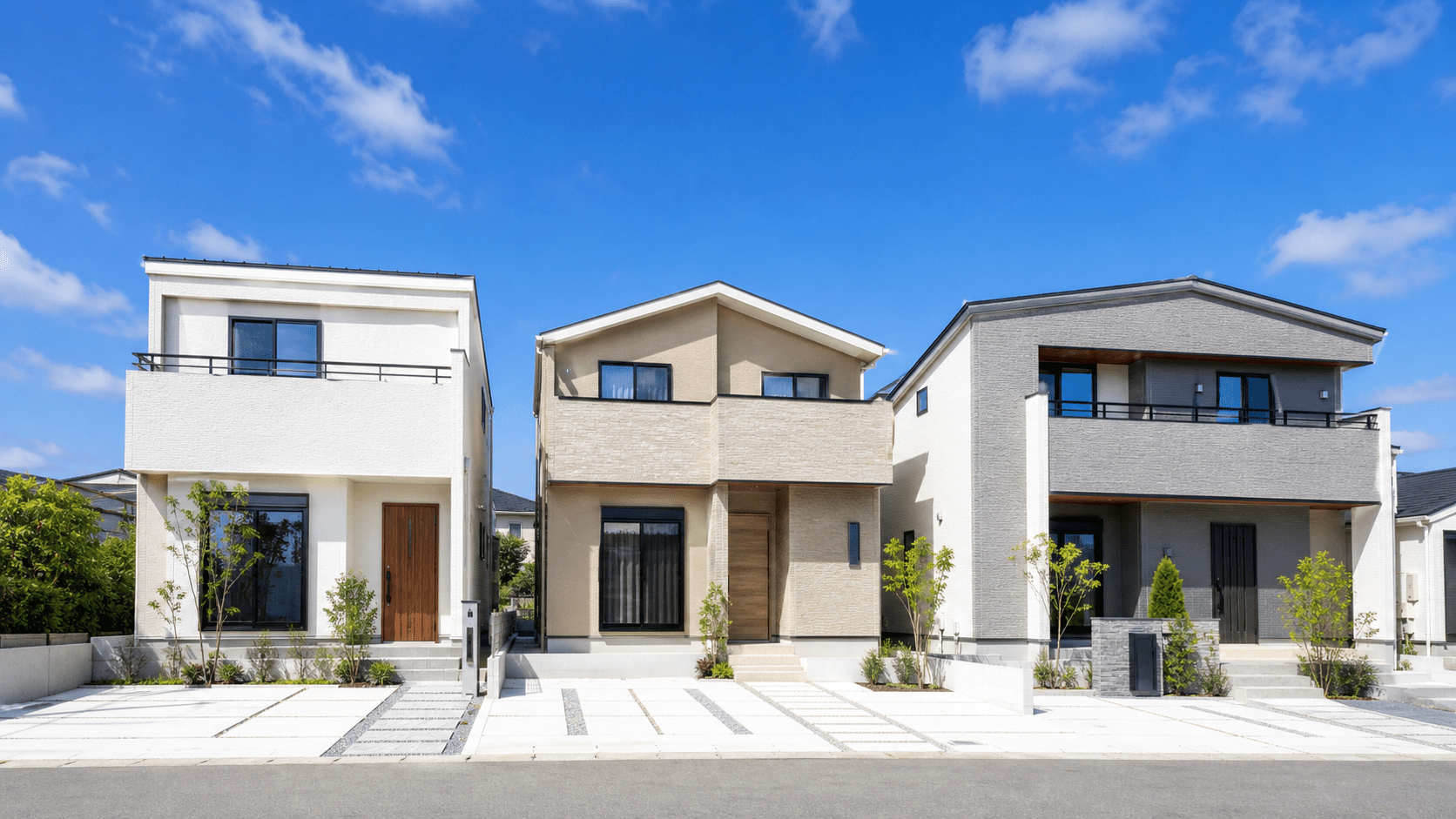 デザインの異なる新築建売住宅が3棟並ぶ分譲地